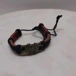 Skull & Bones Leather Black Adjustable Bracelet #BA-8